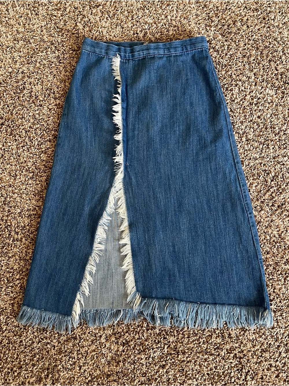 Zara Trafaluc Collection Denim Midi Skirt Women's Size S Front Slit Frayed Hem